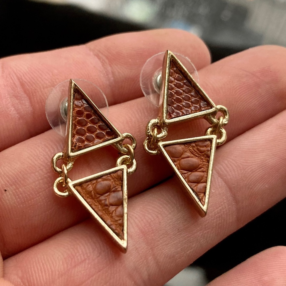 3D Printed Art Deco Triangle Stud Earrings w/Cognac Alligator & Lizard